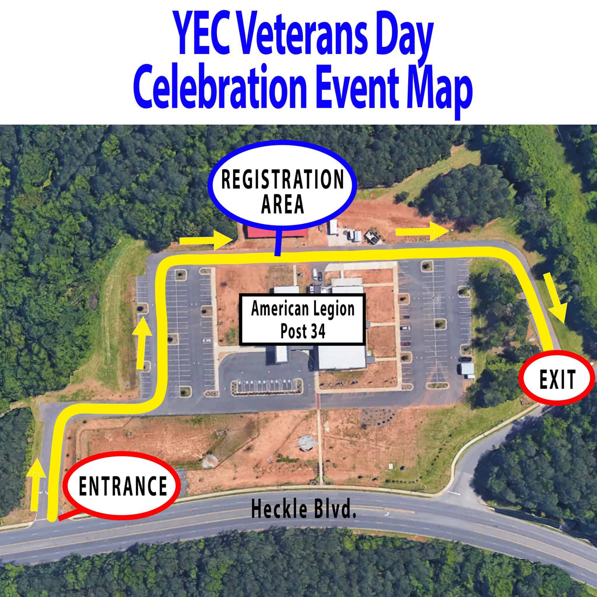 Aerial map showing American Legion Post 34, Heckle Blvd; marked entrance, exit, and registration area for Veterans Day event with directional arrows.