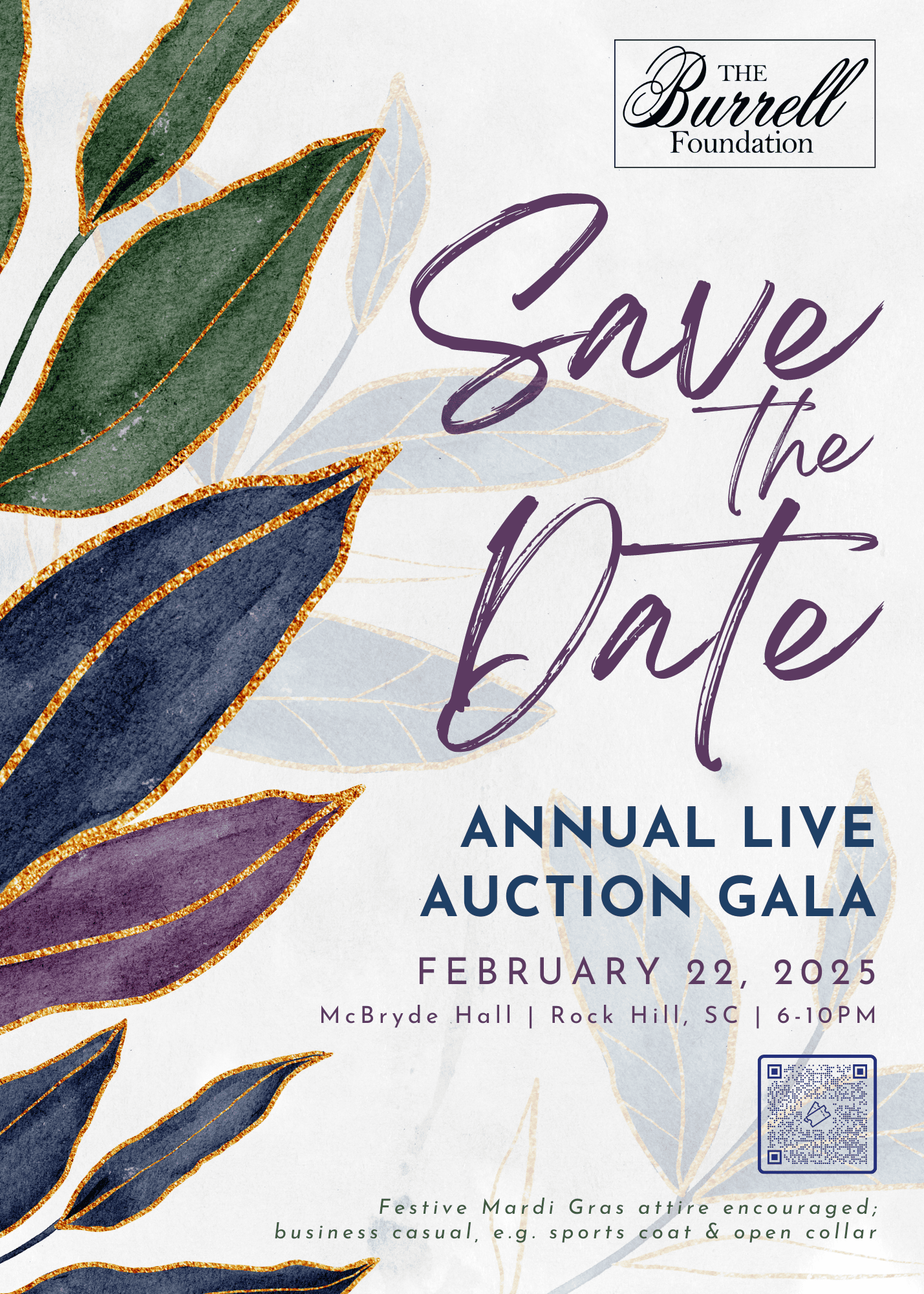 Colorful "Save the Date" card for The Burrell Foundation's annual live auction gala at McBryde Hall, Rock Hill, SC, on February 22, 2025.