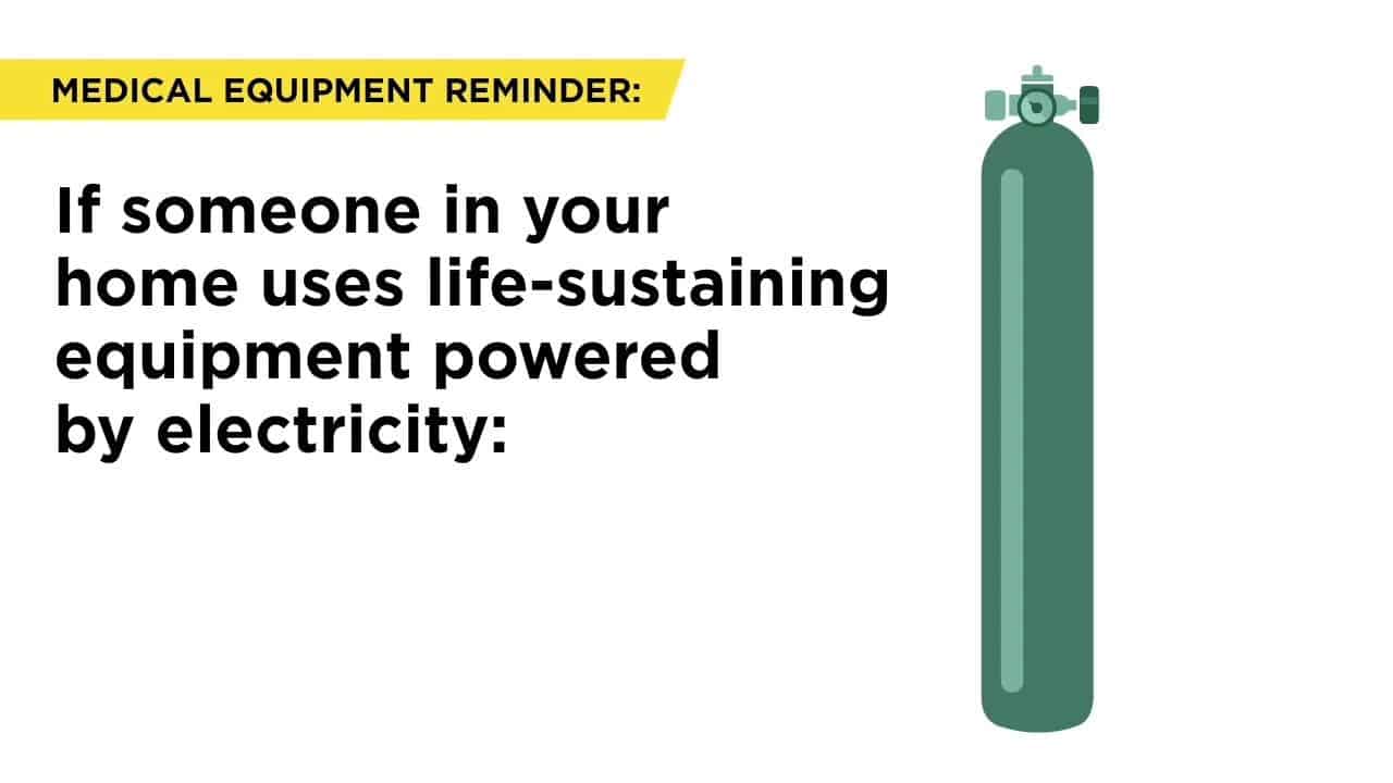 The image is a reminder about using life-sustaining equipment powered by electricity, displaying text and an illustration of a green oxygen tank.