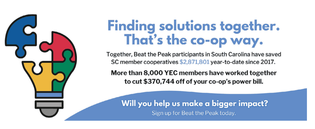 The image promotes energy-saving efforts in South Carolina, highlighting significant savings through cooperative participation and encouraging further involvement in the "Beat the Peak" program.