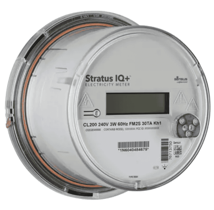 A digital electricity meter labeled "Stratus IQ+" displays readings. Encased in clear plastic, it features several buttons and identification numbers.