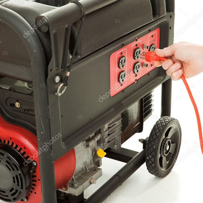 A person plugs an orange cord into a portable generator with multiple outlets, featuring a prominent red and black design.