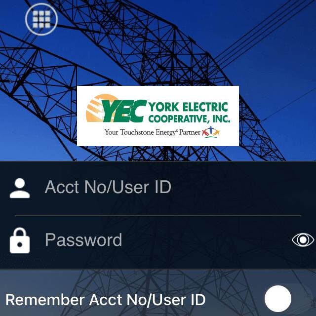 The image shows a York Electric Cooperative login screen with power lines in the background, including fields for account number and password.