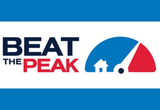 Logo with text "Beat the Peak" next to a blue and red gauge icon, symbolizing energy efficiency or peak usage management.