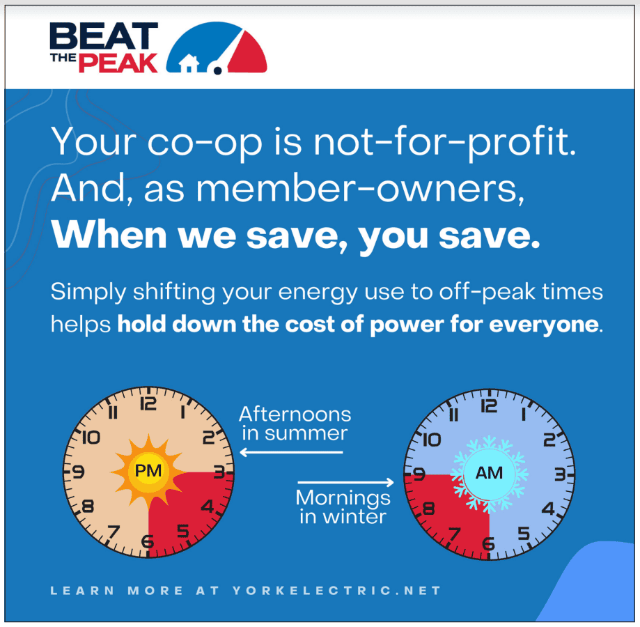 Promotional graphic emphasizes energy savings by shifting usage to off-peak times: afternoons in summer, mornings in winter. Highlights cooperative, not-for-profit nature.