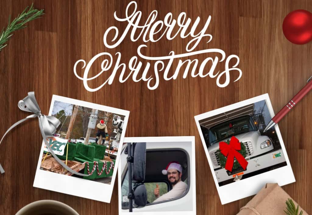 A festive Christmas greeting card featuring polaroid photos of decorated trucks and a person in a Santa hat. Wood background adds warmth.