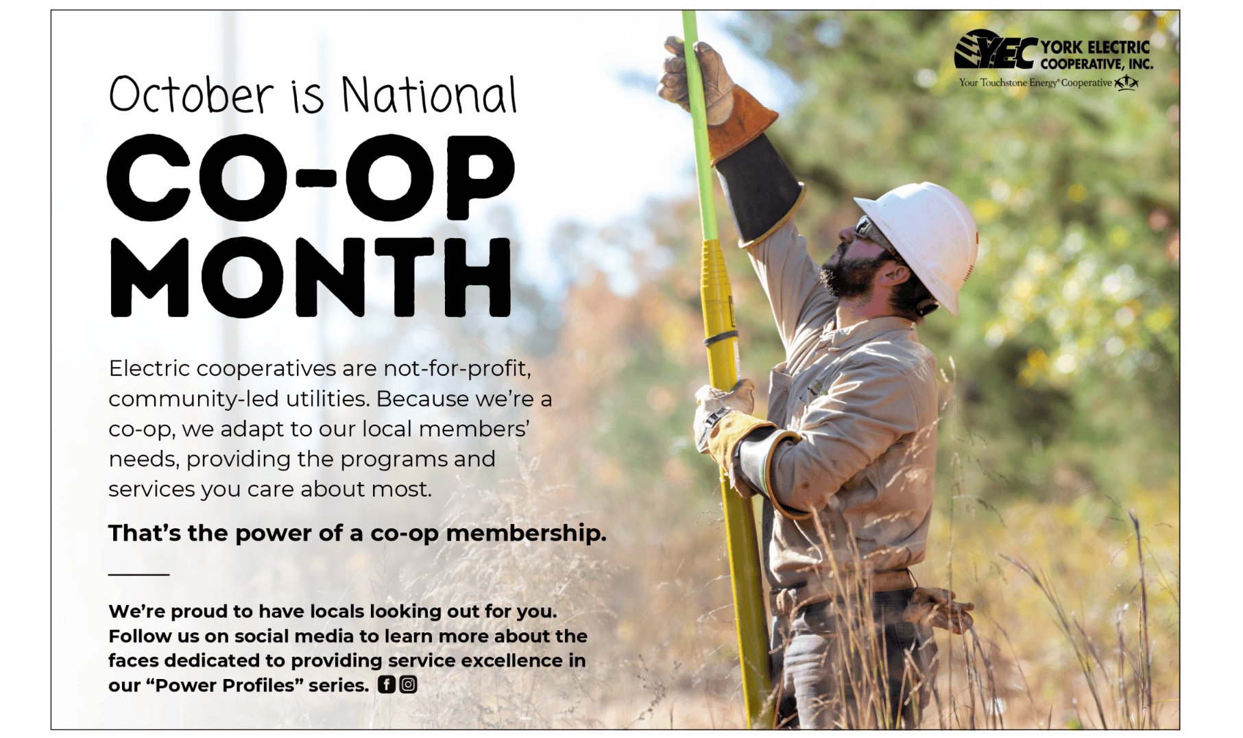 A person wearing protective gear works with equipment outdoors, highlighting October as National Co-op Month. Includes York Electric Cooperative logo and text.