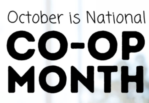 The image highlights a message celebrating October as National Co-op Month in bold black text on a light background.