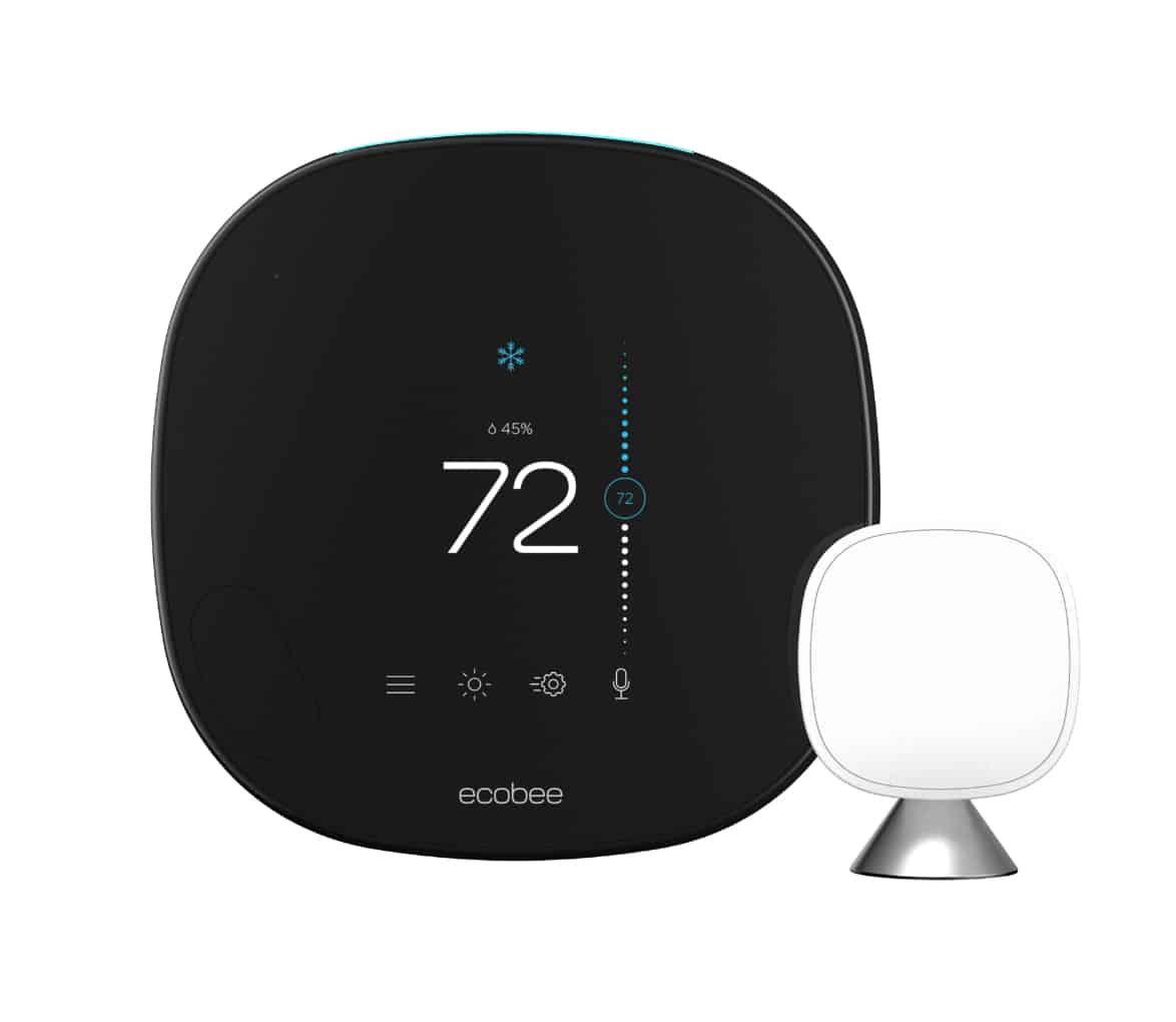 The image shows an Ecobee smart thermostat set to 72°F with an accompanying remote sensor on a stand, both having a modern design.