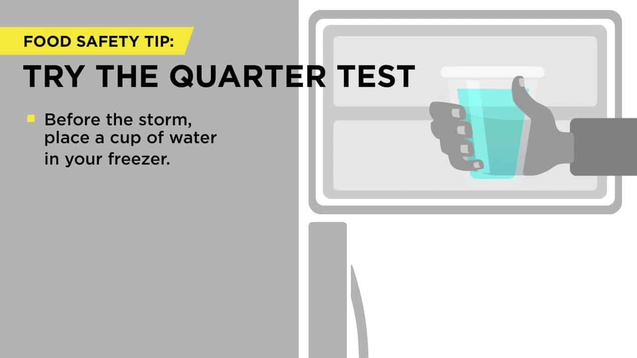 An image with a hand holding a cup of water near a freezer. Text advises placing a cup of water in the freezer before a storm.