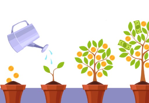 Illustration of plant watering can and potted plants of various growth