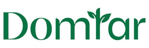 The image displays the Domtar logo, featuring green text with plant-like accents on the letters, emphasizing an eco-friendly aspect.