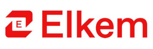 Red and white Elkem logo with stylized "E" symbol on the left. Simple, bold design representing the industrial materials company.