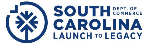 Logo of South Carolina Department of Commerce with palm tree design and "Launch to Legacy" motto in blue and white colors.