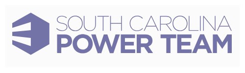 The image shows the logo of South Carolina Power Team, featuring a hexagon design and bold, purple lettering on a white background.