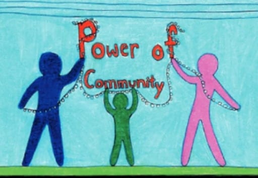 Three colorful figures hold a chain with "Power of Community" text, symbolizing unity and collaboration on a light blue background.