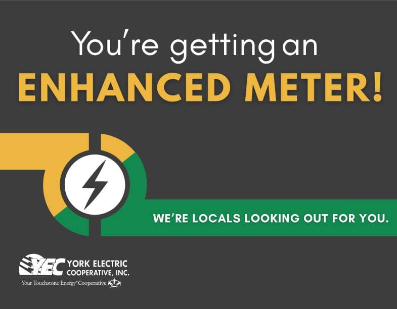 Announcement for York Electric Cooperative's enhanced meter, featuring a lightning bolt symbol and slogan: "We're locals looking out for you."