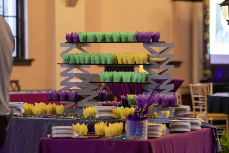 The gala's desserts are beautifully displayed for attendees.