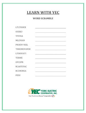 A word scramble worksheet titled "Learn With YEC," featuring scrambled words to be solved. Includes the York Electric Cooperative logo at the bottom.