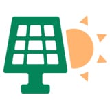 The image shows a green solar panel icon with an orange sun, representing renewable energy and solar power generation.