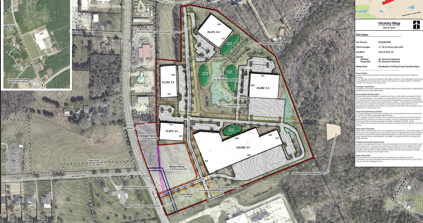 Map outlining a site development in York, SC, showing parcels, proposed structures, wetlands, and surrounding terrain with contour lines and infrastructure.