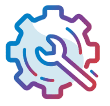 Illustration of a gear with a wrench intersecting it, symbolizing settings or tools. The design features red and blue gradient colors.