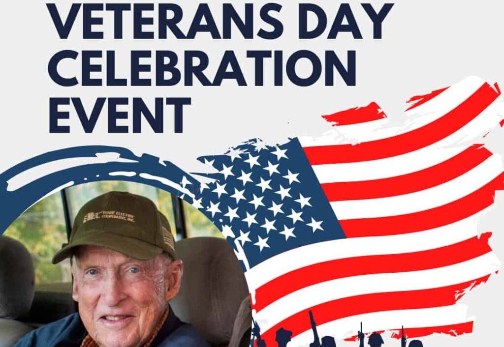 Veterans Day celebration event poster featuring an American flag design and a person smiling, wearing a cap. Silhouettes of military figures below.