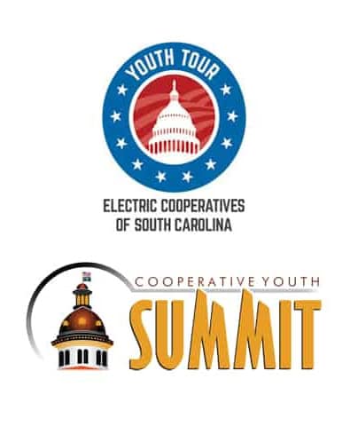 Logos for Electric Cooperatives of South Carolina Youth Tour and Cooperative Youth Summit, featuring the U.S. Capitol dome and an illustrated dome building.